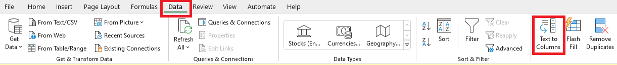 Excel menu Text to Columns