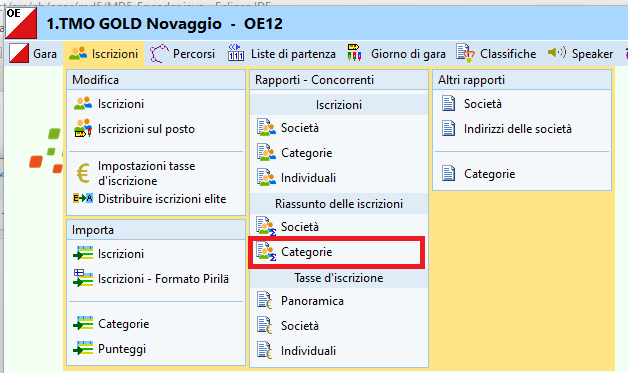 Menu riassunto iscrizioni per categorie