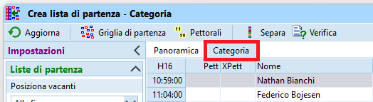 Tab categorie in crea liste di partenza