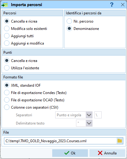 Import percorsi da file XML