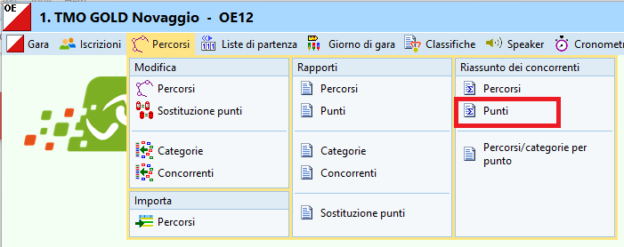 Menu percorsi riassunto concorrenti per punto