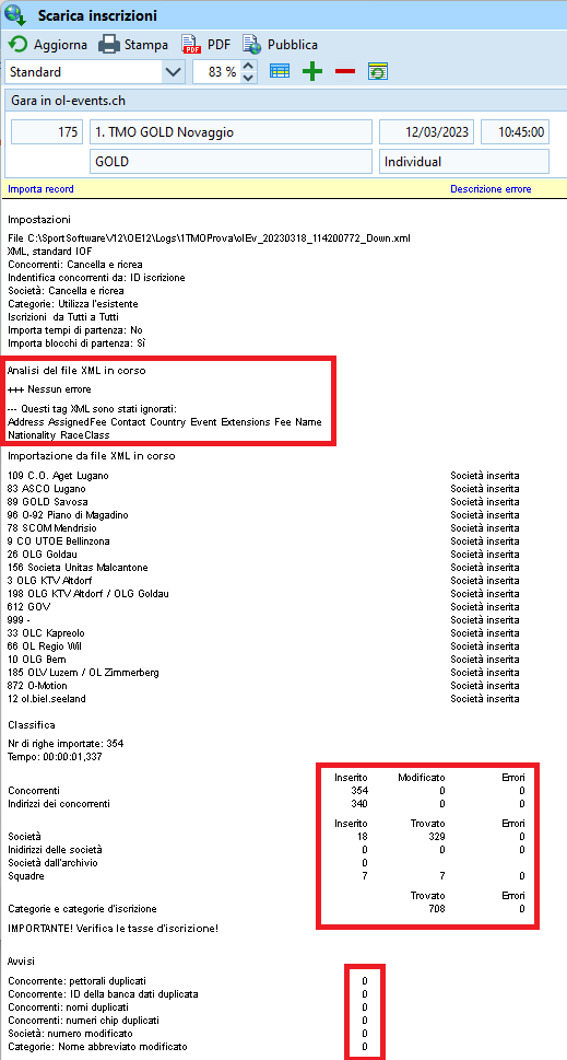 OL-Events verifica import iscrizioni
